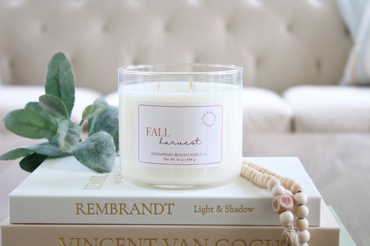 A white soy wax candle in a clear glass jar sits on stacked books, with a green leafy sprig on the left and a wooden bead strand on the right. The candle label reads 'FALL harvest" Chesapeake Beach Candle Co.