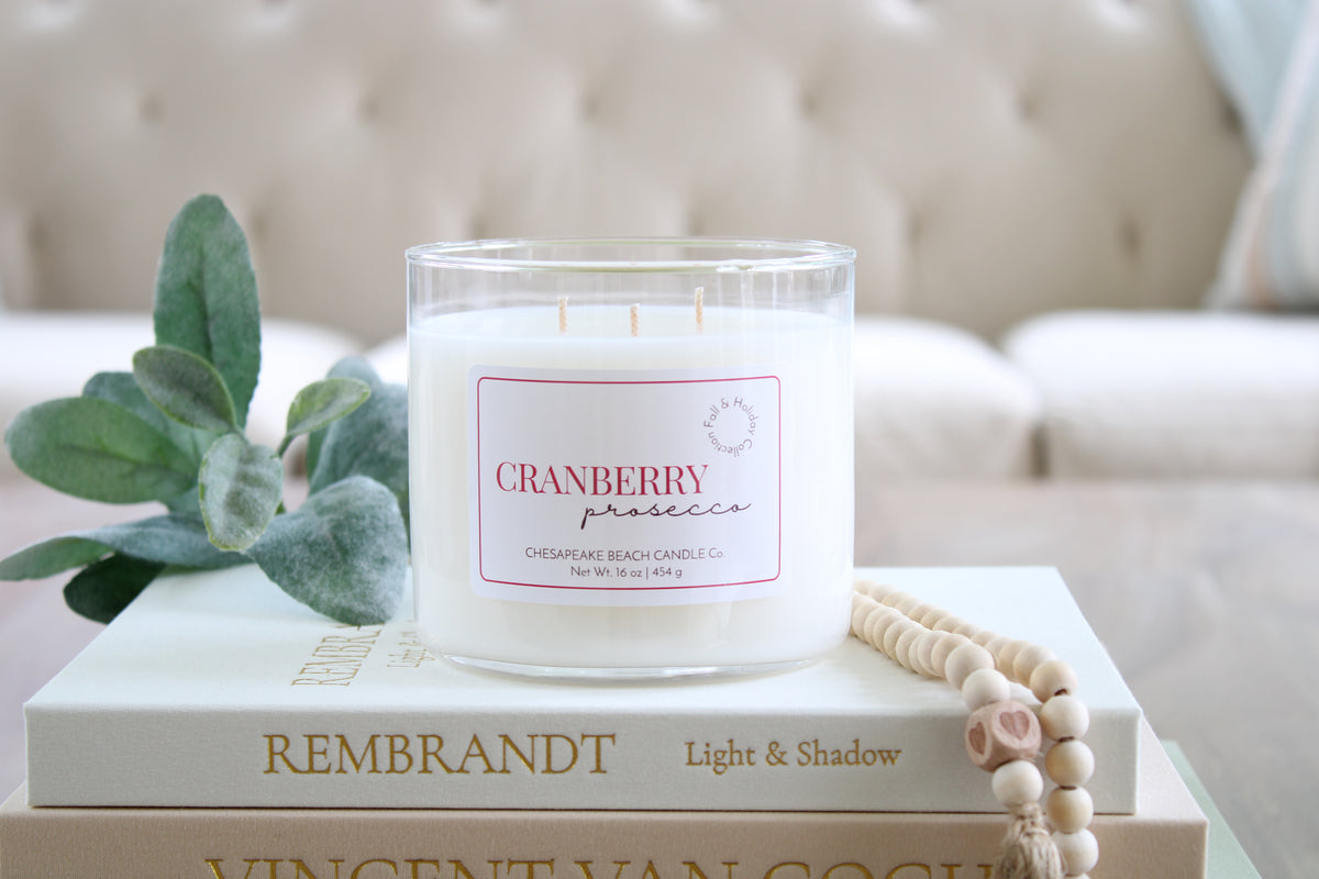 A white soy candle in a clear glass jar with a white label reading 'CRANBERRY' and 'Chesapeake Beach Candle Co.' sits on stacked books, with a green leafy sprig and a wooden bead necklace nearby.