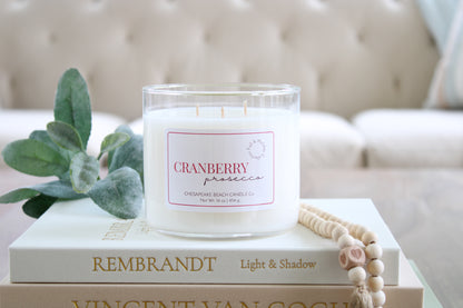 A white soy candle in a clear glass jar with a white label reading 'CRANBERRY' and 'Chesapeake Beach Candle Co.' sits on stacked books, with a green leafy sprig and a wooden bead necklace nearby.