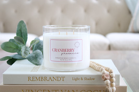 A white soy candle in a clear glass jar with a white label reading 'CRANBERRY' and 'Chesapeake Beach Candle Co.' sits on stacked books, with a green leafy sprig and a wooden bead necklace nearby.